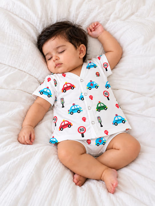 🚗 Newborn Muslin Vehicle Print Jabla with  Nappy Set