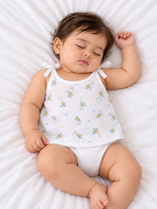 🐝🌼 Newborn Cute Bee Print Muslin Tie-Shoulder Baby Vest Jabla