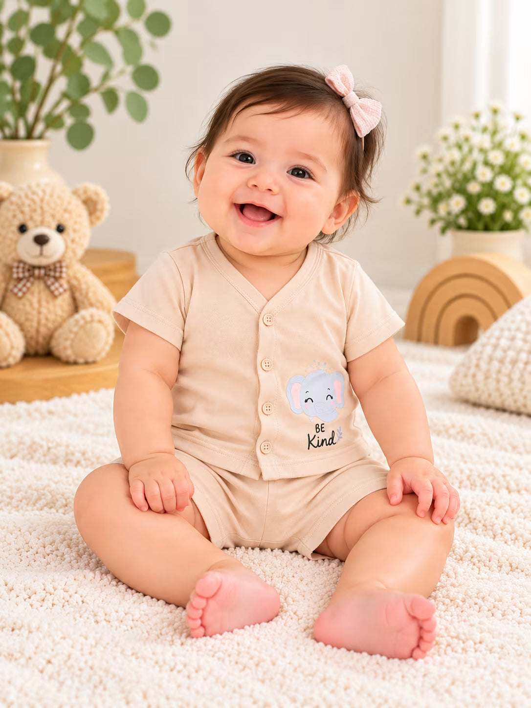 👶 Cream “Be Kind” Baby Cotton Interlock T-Shirt & Shorts Set 🐘🤍✨