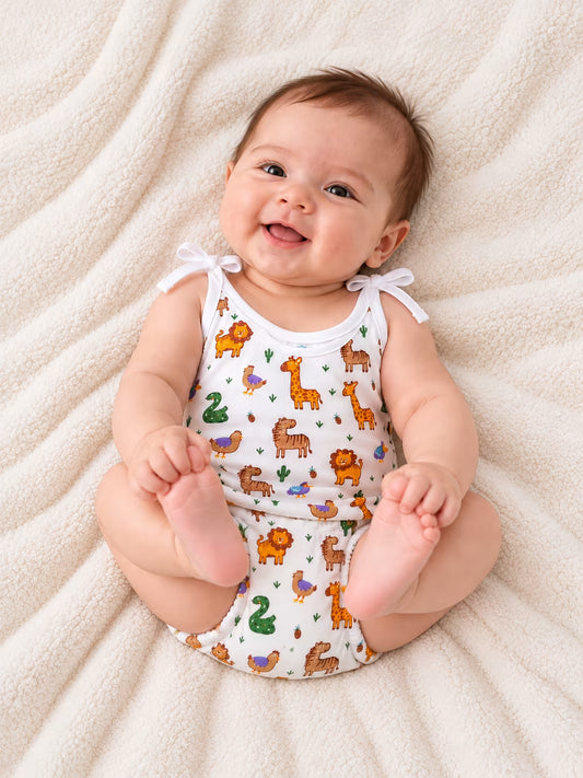 👶 Newborn Baby Safari Animals Muslin Tie-Shoulder Jabla & Nappy Set