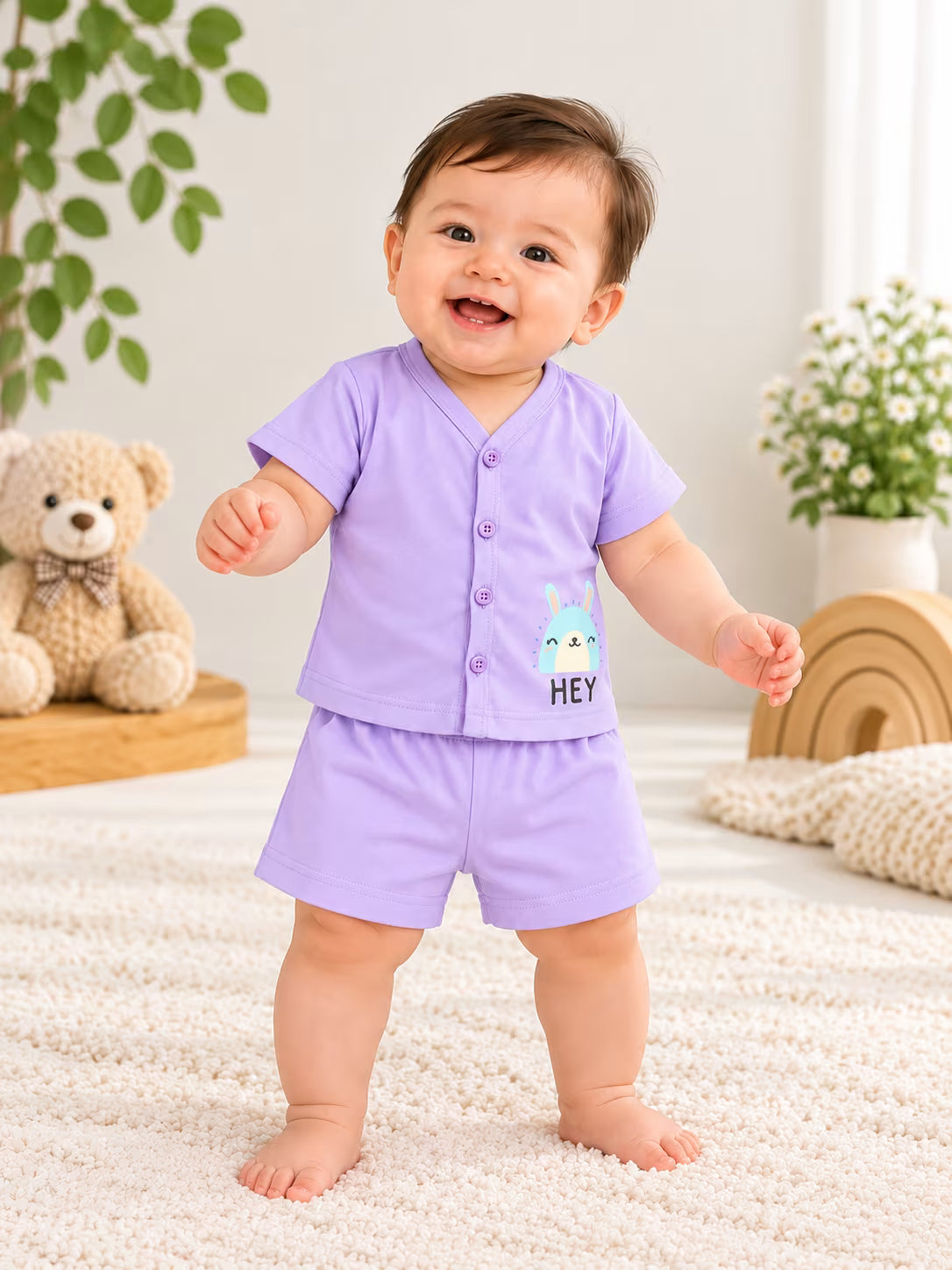 👶 Lavender Bunny Baby Cotton Interlock T-Shirt & Shorts Set 🐰💜✨