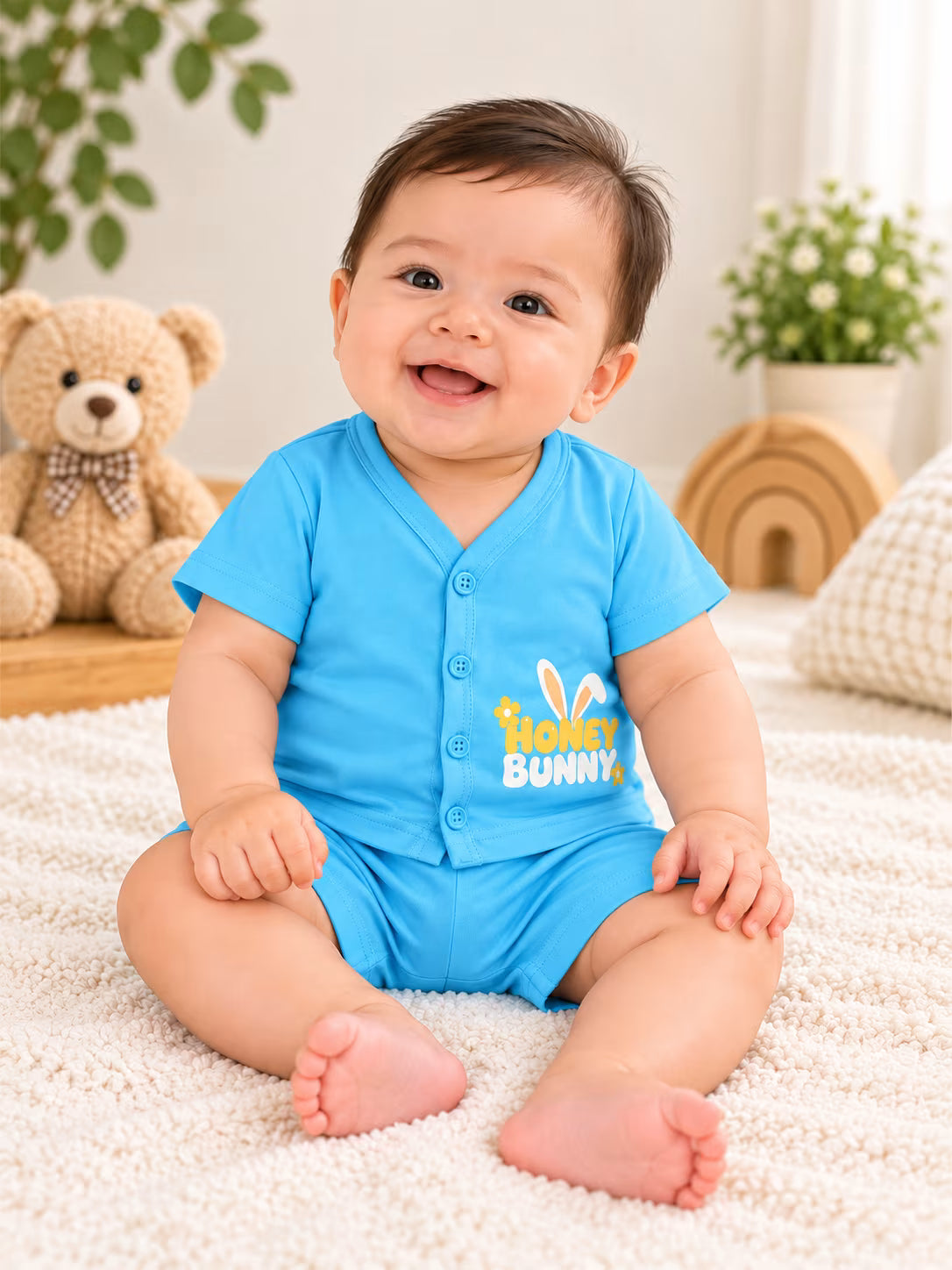 👶 Sky Blue Honey Bunny Baby Cotton Interlock T-Shirt & Shorts Set 🐰💙🌼