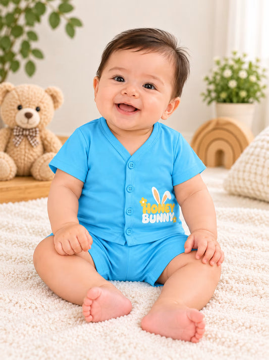 👶 Sky Blue Honey Bunny Baby Cotton Interlock T-Shirt & Shorts Set 🐰💙🌼