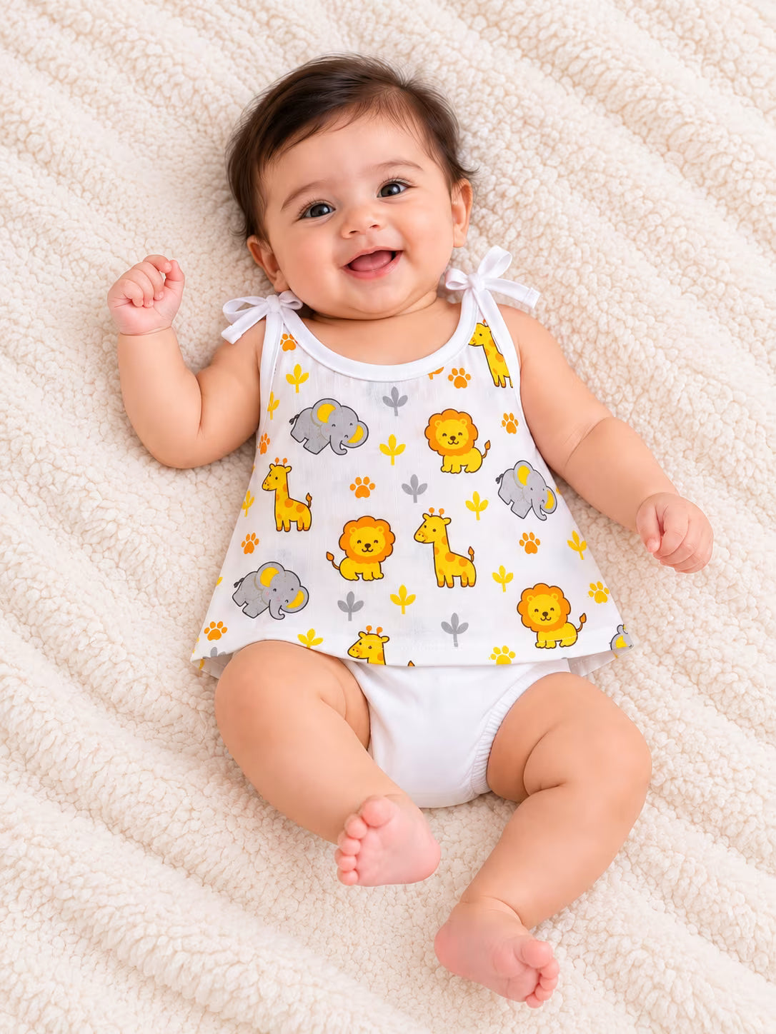 👶 Newborn Baby Lion & Elephant Print Tie-Shoulder Jabla