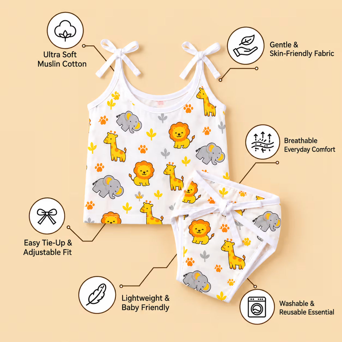 👶 Newborn Baby Safari Animals Muslin Tie-Shoulder Jabla & Nappy Set