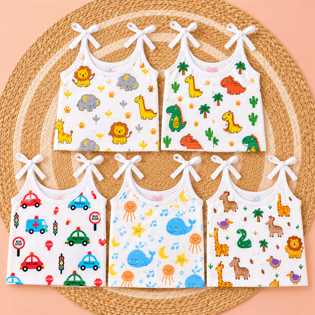 👶 Newborn Tie-Shoulder Printed Muslin Baby Jabla Tops – Pack of 5