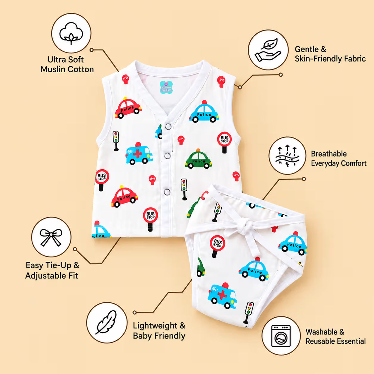 👶 Newborn Muslin Sleeveless  Jabla with Nappy Set – Vehicle Print
