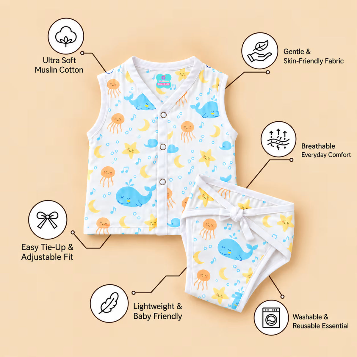 👶 Newborn Muslin Sleeveless Jabla with Nappy Set