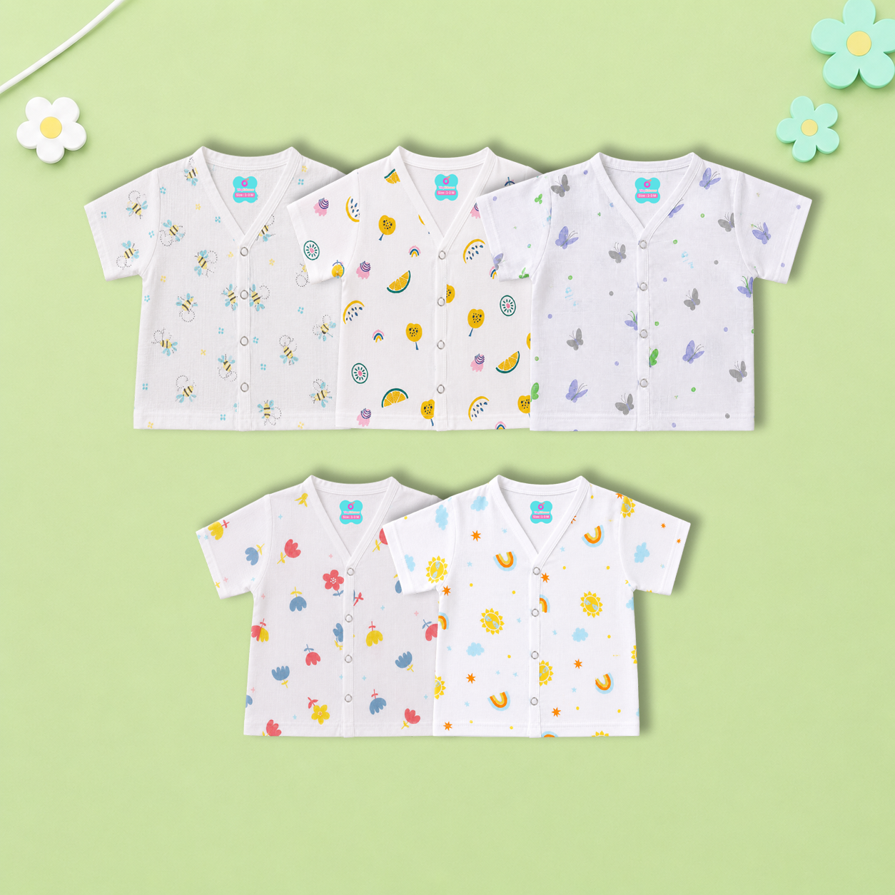 Baby Unisex Muslin Printed Short Sleeve Jabla | Soft Breathable Cotton Muslin | Pack of 5