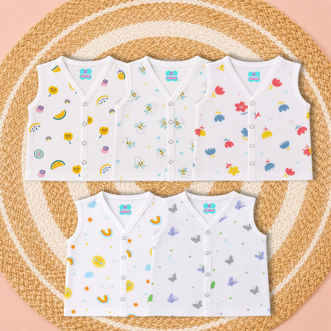 Baby Unisex Muslin Sleeveless Printed Jabla | Soft Breathable Cotton Muslin | Pack of 5