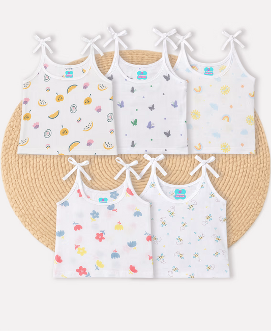 Baby Girls Muslin Sleeveless Tie-Shoulder Camisole Vest Set | Soft Breathable Cotton Muslin | Pack of 5