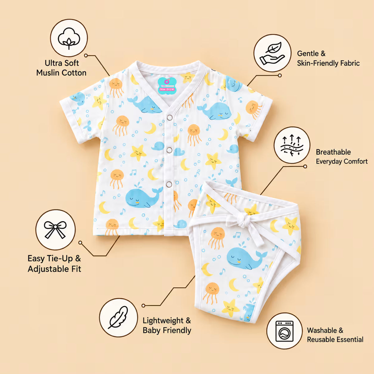 👶 Printed Muslin Short-Sleeve Jabla with Nappy Set Combo – Pack of 5