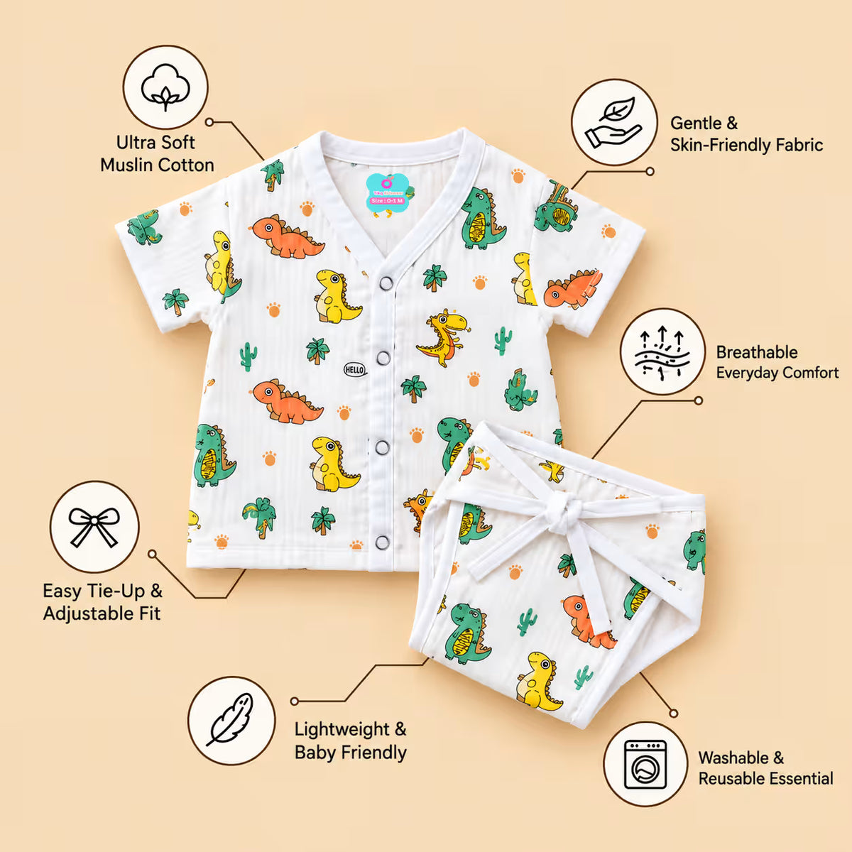 👶 Printed Muslin Short-Sleeve Jabla with Nappy Set Combo – Pack of 5