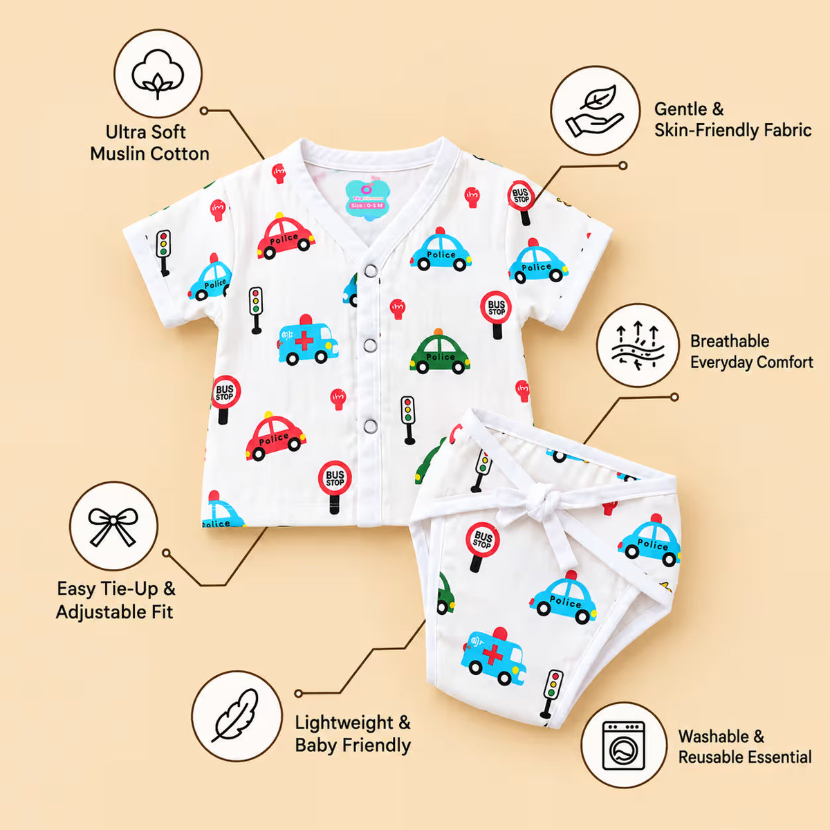 👶 Printed Muslin Short-Sleeve Jabla with Nappy Set Combo – Pack of 5