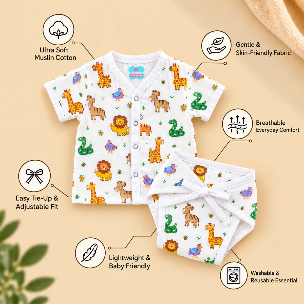 👶 Printed Muslin Short-Sleeve Jabla with Nappy Set Combo – Pack of 5