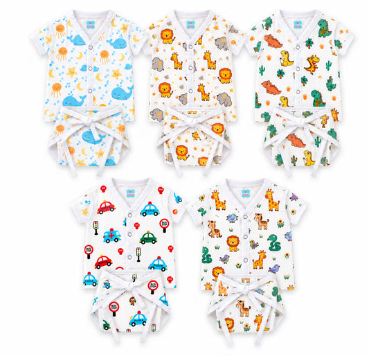 👶 Printed Muslin Short-Sleeve Jabla with Nappy Set Combo – Pack of 5
